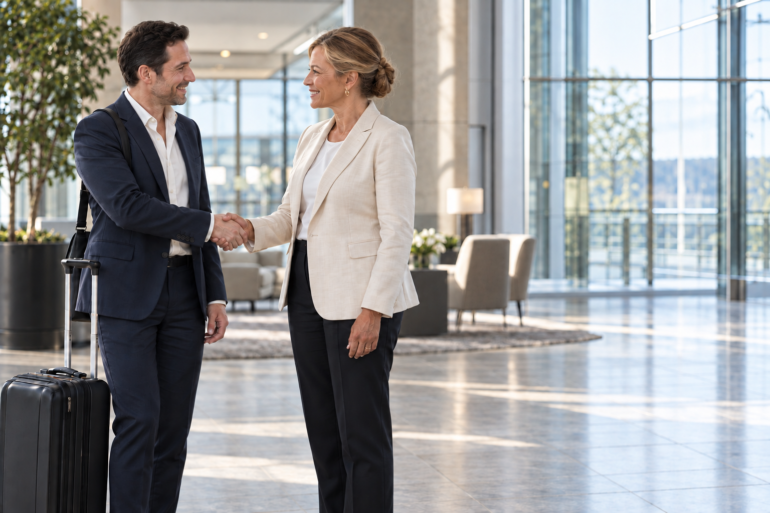 A business traveller with a carry-on greeting a professional woman in a bright arrival lounge