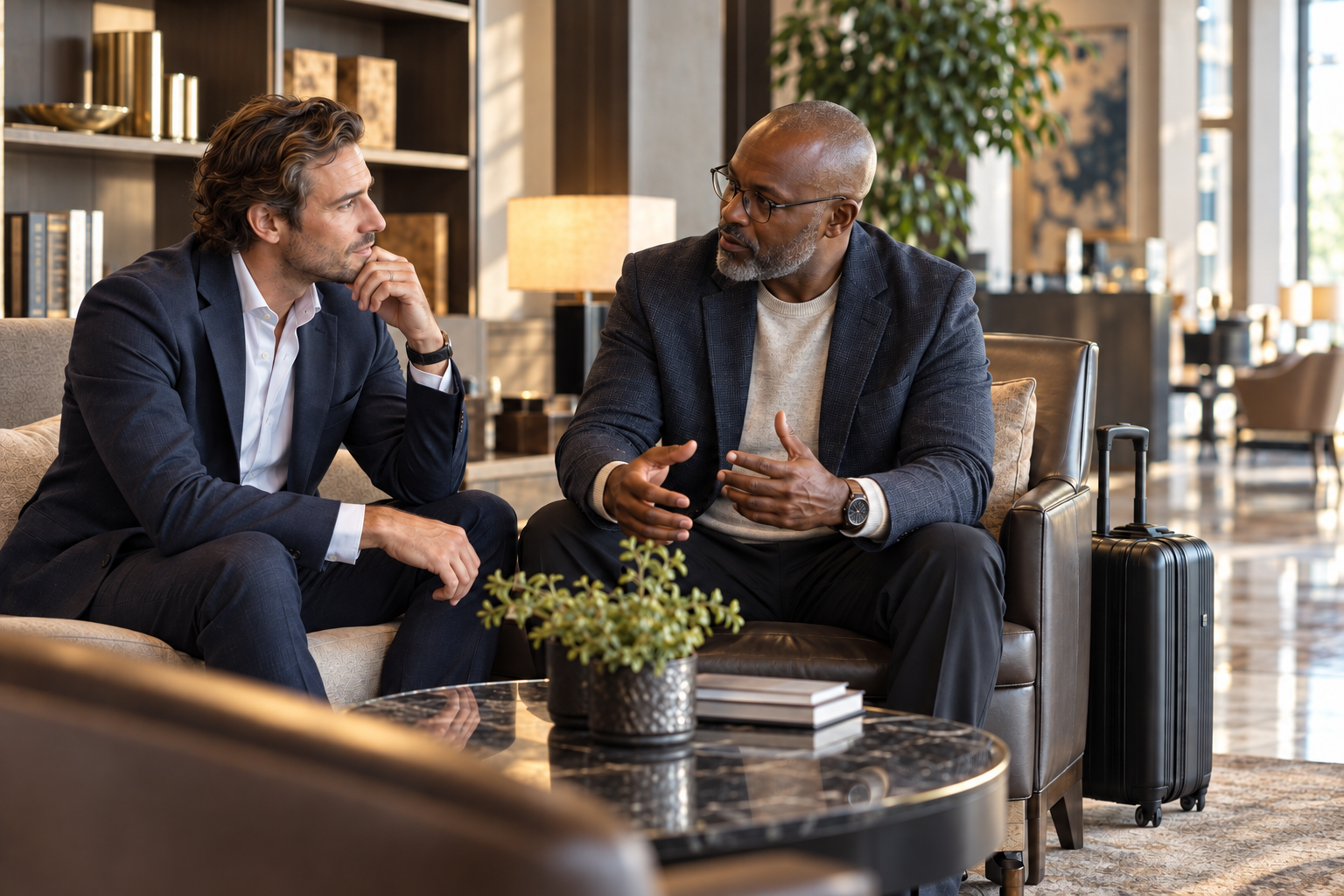 Two professional men exchanging perspectives in a hotel lounge after business travel