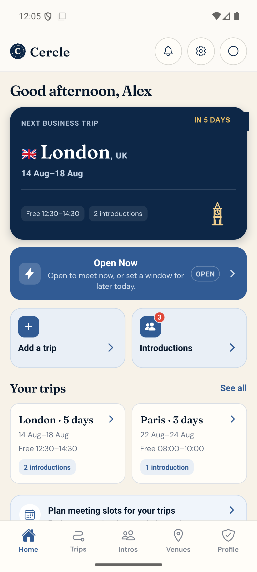 Cercle app showing Alex's London business trip, introductions and availability