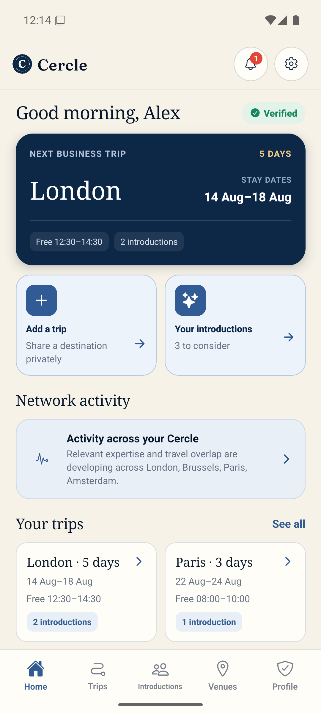 Cercle member home screen with active introductions, network activity across several cities and upcoming trips