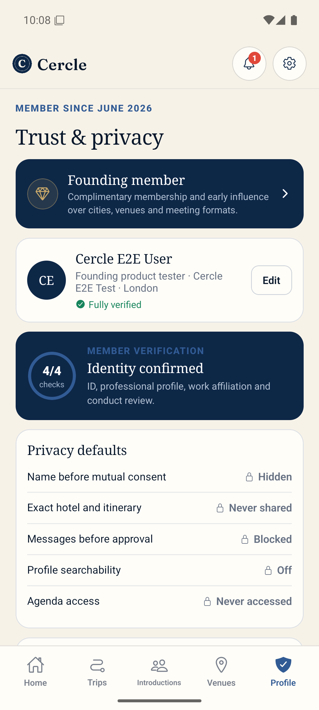 Cercle member privacy profile with verified status and private-by-default settings