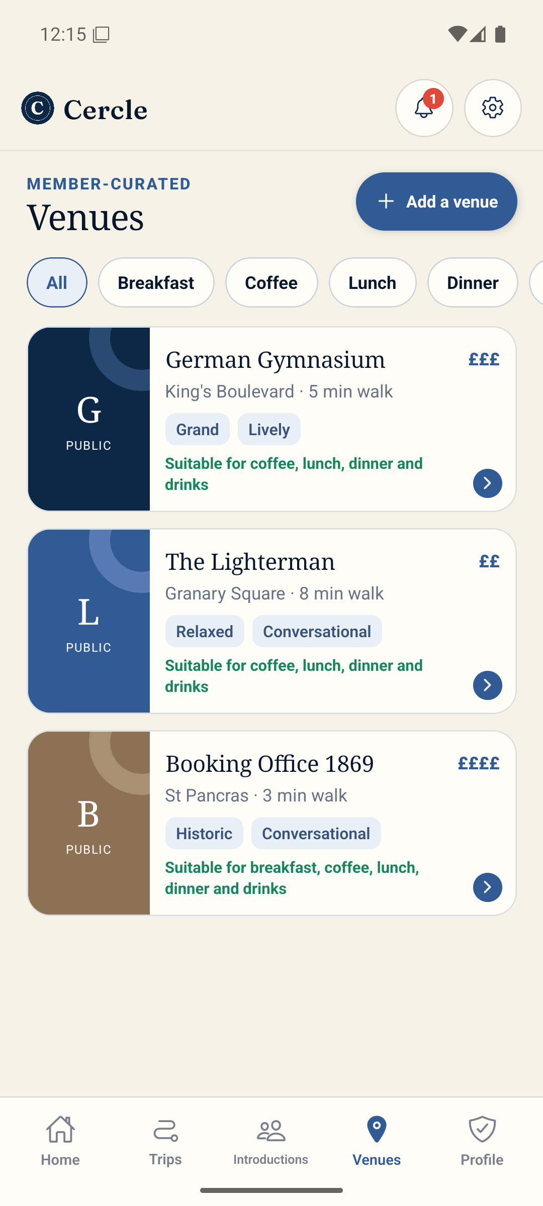 Member-curated venues with suitable meeting formats