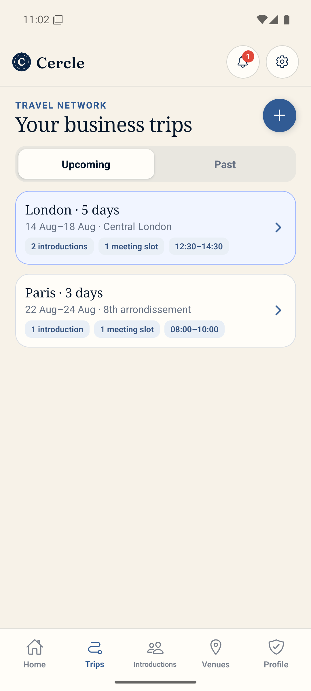 Upcoming Cercle trips with open meeting slots and considered introductions